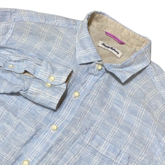 Tommy‎ Bahama Linen Shirt Plaid Button Up Long Sleeve Blue Large - Picture 1 of 7